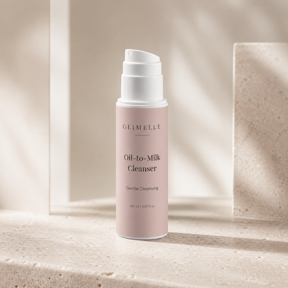 Oil-to-Milk Cleanser auf abgestuftem Steinsockel im warmen Sonnenlicht.