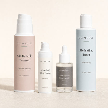 Gesichtspflege-Set mit Vitamin C Serum, AHA Peeling, Cleanser und Toner – Glimelle.