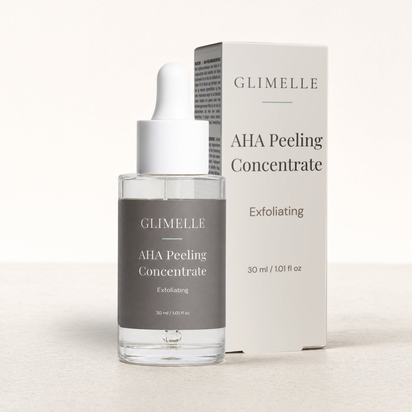 Glimelle AHA Peeling Concentrate mit Verpackung für ein glatter wirkendes Hautbild