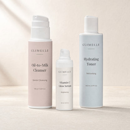 Glow-Pflegeset mit Vitamin C Serum, Cleanser und Toner – Glimelle Radiance Ritual Trio.